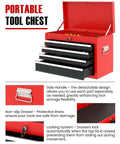 Five Drawer Rolling Tool Cabinet With Auto Locking System And Lockable Wheels, Detachable Top Box, Red and Black Finish