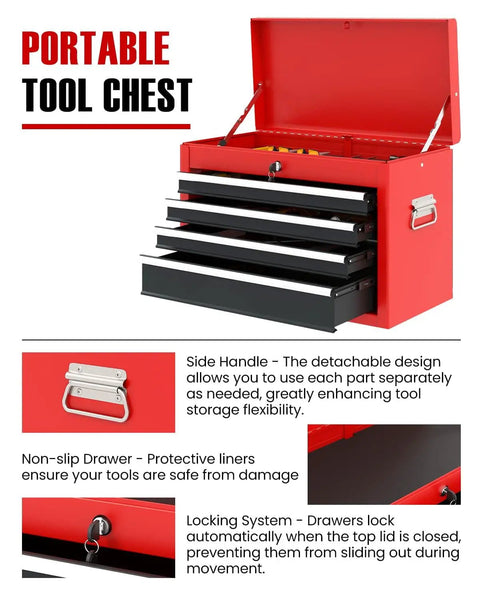 Five Drawer Rolling Tool Cabinet With Auto Locking System And Lockable Wheels, Detachable Top Box, Red and Black Finish