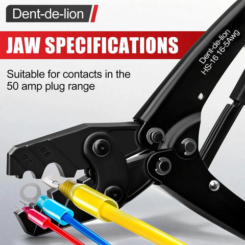 Beefy Heavy Duty Crimping Pliers For 50 Amp 600V Terminals All Purpose Crimp Tool, close-up of jaw specifications and wires
