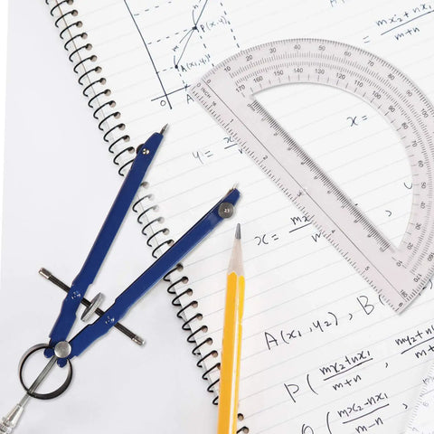 Premium Precision Compass Set With Spring Bow Protractor Locking Mechanism on notebook with pencil and drawings