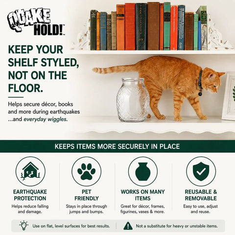 Cat walking on a shelf stabilized with Clear Gel For Glass And Crystal 4 Oz Keeps Your Valuables From Tipping And Sliding