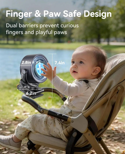 Baby in stroller with Rechargeable Clip On Fan 4000mAh With 100 Speed Touch Control LED Display 360 Degree Rotation Quiet Turbo Desk Fan