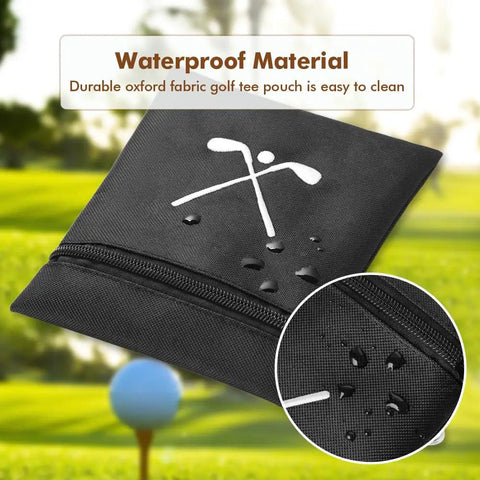 Waterproof Golf Tee Bag With Rotating Clip And Ball Holder Pouch on a golf course with water droplets highlighting waterproof material