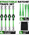 Heavy Duty Retractable Ratchet Straps Four Pack With Dual Pawl Lock One Inch By Eleven Feet Self Retracting Cargo Tie Downs for secure hauling.