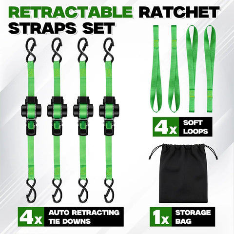 Heavy Duty Retractable Ratchet Straps Four Pack With Dual Pawl Lock One Inch By Eleven Feet Self Retracting Cargo Tie Downs for secure hauling.