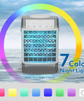 Front view of On The Go Portable Mini Air Conditioner With Remote 1000ml Evaporative Cooler showing 7 color LED lights.