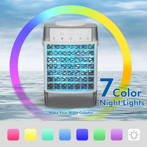 Front view of On The Go Portable Mini Air Conditioner With Remote 1000ml Evaporative Cooler showing 7 color LED lights.