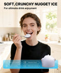 Person enjoying nugget ice, highlighting Nugget Ice Maker Countertop For Home, Office And Kitchen, portable pellet ice with scoop.