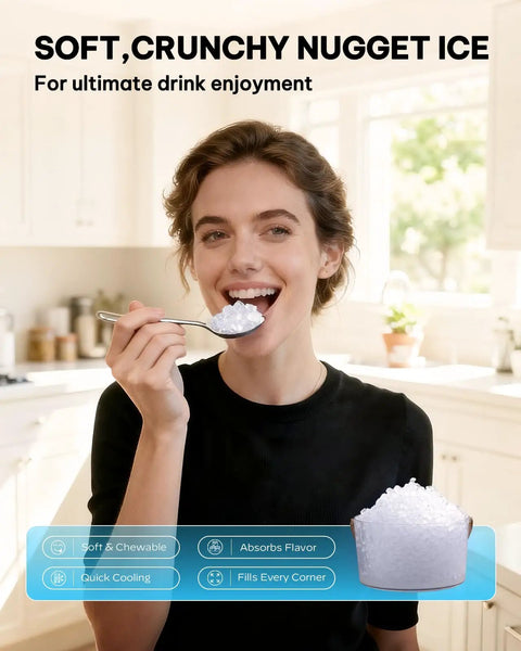 Person enjoying nugget ice, highlighting Nugget Ice Maker Countertop For Home, Office And Kitchen, portable pellet ice with scoop.