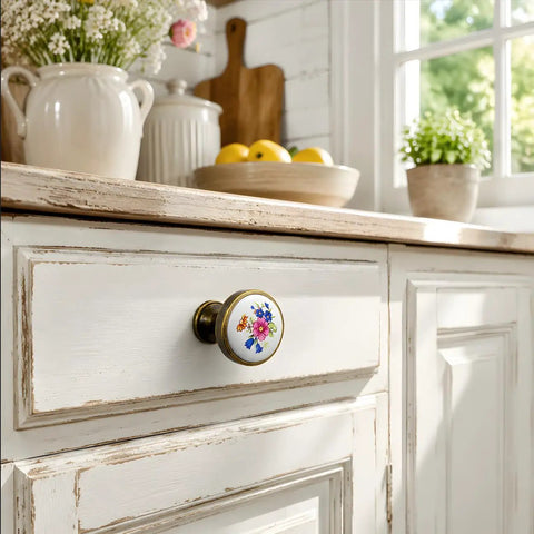 Vintage Floral Ceramic Cabinet Knobs And Drawer Pulls Featuring Dual Mounting Screws For A Super Easy Kitchen Cupboard Or Dresser Hardware Swap That Brings Chill Vibes on a white cabinet.
