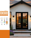 All Season Black Wall Sconces Built Tough To Beat The Elements With Heavy Duty Aluminum And Rainproof Glass E26 Socket Waterproof Exterior Lights For Porches Driveways And Garages Two Pack Set, showcasing E26 base bulb compatibility.