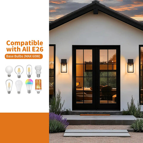 All Season Black Wall Sconces Built Tough To Beat The Elements With Heavy Duty Aluminum And Rainproof Glass E26 Socket Waterproof Exterior Lights For Porches Driveways And Garages Two Pack Set, showcasing E26 base bulb compatibility.