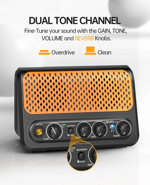 10W Mini Electric Guitar Amplifier with Clean and Overdrive Channels, Reverb, Bluetooth, Dual Small Speakers, Black and Orange