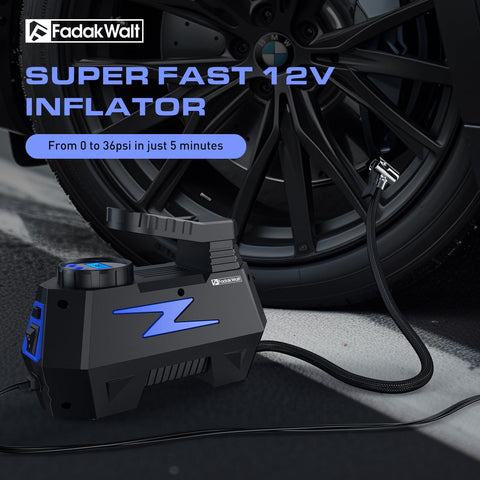 Portable 12V Car Tire Inflator Air Pump With LED Light and 150 PSI Digital Gauge near car wheel