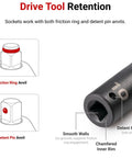 Diagram showing friction ring and detent pin anvil features of half inch drive deep 12 point impact socket set with case