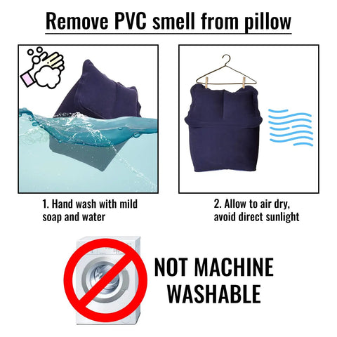 Care instructions for inflatable head and neck travel pillow: hand wash with soap, air dry; not machine washable.