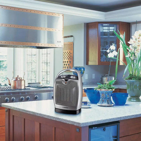 Oscillating Ceramic Tabletop Space Heater With Adjustable Thermostat Carrying Handle Two Quiet Heat Settings And Fan Only Mode 11.6 Inches Silver