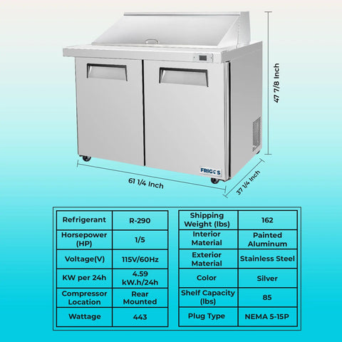 Heavy Duty Workhorse 60 Inch Commercial Refrigerated Sandwich Prep Table Built Tough Stainless Steel with two doors and LED lighting.