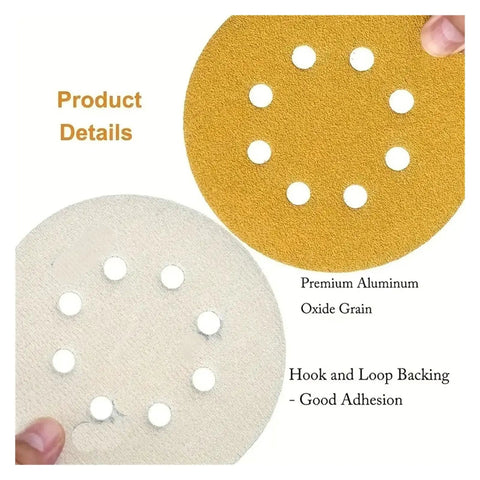 Heavy Duty 5 Inch Hook Loop Sandpaper Discs 50 Pack With 8 Holes For Power Tools showcasing aluminum oxide grits and hook backing.