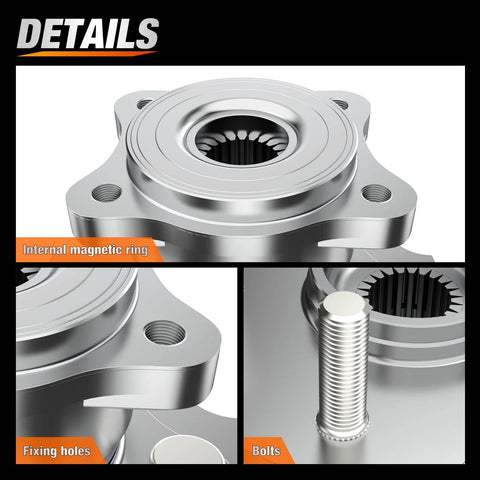 Close-up details of Beefy Rear Wheel Hub Bearing Assembly 512374 5 Lug 2 Pack Compatible With Toyota RAV4 2006 2018 And Lexus NX200t NX300h NX300 2015 2019 AWD 4WD Rear Left Right Replacement, showing magnetic ring, fixing holes, and bolt.