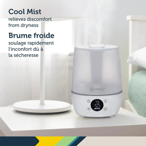 Filter Free Humidifier With Auto Humidity Control And Hygrometer on a bedside table in a white finish with digital display.