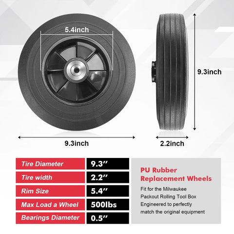 Two Pack Nine Point Three Inch Replacement Rolling Wheels For Tool Boxes And Trailers Dense Polyurethane Tires Provide Dead Smooth Maneuverability And Seriously Tough Roll Performance