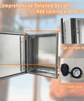 Rock Hard 12x12x8 Inch Stainless Steel Electrical Enclosure Nema 4X IP66 with secure anti-theft lock and detailed hinge design.