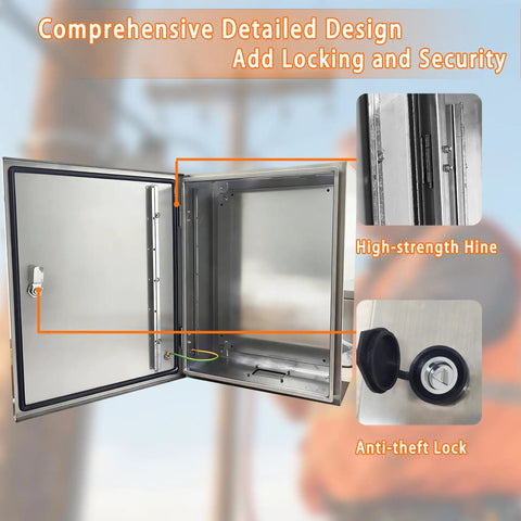 Rock Hard 12x12x8 Inch Stainless Steel Electrical Enclosure Nema 4X IP66 with secure anti-theft lock and detailed hinge design.