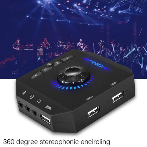 External USB Sound Card 7.1 Channel Audio Adapter With 3.5mm Interface and USB for PC and Laptop on a concert background
