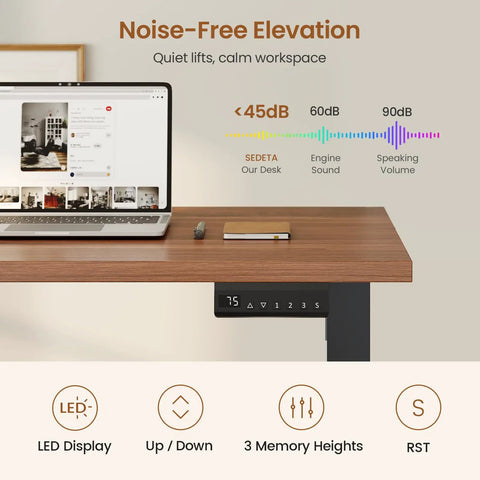 Noise-free elevation feature of the Farmhouse L Shaped Standing Desk with LED display and memory height settings.