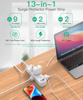 Heavy Duty Surge Protector Power Strip With 15 Foot Extension Cord Featuring 13 Outlets And Four Smart Usb Ports For Plug And Play Hella Smooth Multi Device Charging Setup on a wooden table.