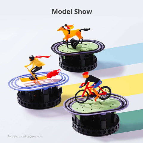 3D printed models of a horse racer, surfer, and cyclist on display, showcasing detailed figurines on circular bases.
