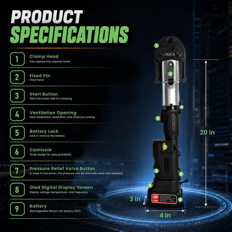 Heavy Duty 60Kn Electric Copper Crimping Tool 18V Brushless Motor Press Kit specifications with features and measurements.