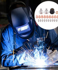 Welder using Premium 24-Piece Plasma Cutting Consumables Kit For PT40 CUT55 CUT65 Torches, showing sparks and tools.