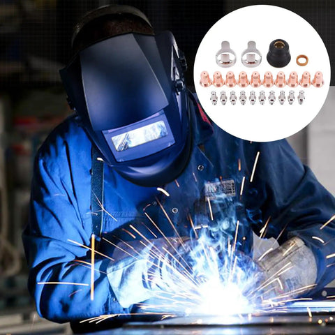 Welder using Premium 24-Piece Plasma Cutting Consumables Kit For PT40 CUT55 CUT65 Torches, showing sparks and tools.