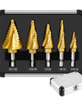 5pc titanium HSS step drill bit set in metal case, front view; two spiral grooves, sizes 3/16 in to 1-3/8 in
