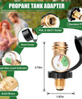 100 Lb Propane Tank Adapter With Gauge Converts POL To QCC1 Type 1, detailed view showing components and measurements