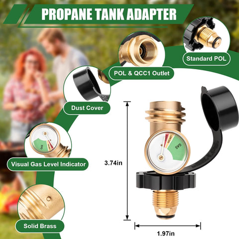 100 Lb Propane Tank Adapter With Gauge Converts POL To QCC1 Type 1, detailed view showing components and measurements