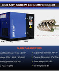 Front view of Industrial Grade 20 HP Rotary Screw Air Compressor Built To Last With 74 CFM At 125 PSI, 230 Volt, No Frills, Fixed Speed.