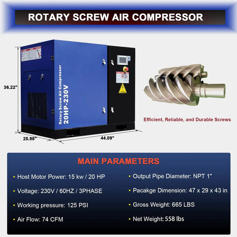 GinGine 20 HP Rotary Screw Air Compressor Delivers A Solid 74 CFM At 125 PSI Powering Manufacturing Plants And Repair Shops With Reliable Continuous Duty Performance For Heavy Duty Industrial Applications