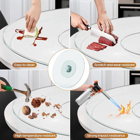 Heavy Duty Tempered Glass Lazy Susan Rotating Serving Plate With Hella Smooth Aluminum Bearing Swivel Base Built Damn Tough For Kitchen Countertops Banquet Tables And House Parties, showcasing cleaning and durability features.