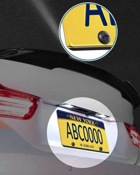 Car with mounted license plate using Black Stainless Steel License Plate Bolts Kit for Cars, Rustproof Phillips Head Screws with Nuts and Caps, M6 By 16mm, One Quarter Inch By Five Eighth Inch Front Or Rear Mounting Hardware.