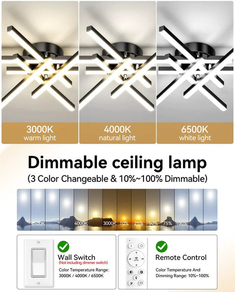 Dope Sputnik Ceiling Light Fixture 52W LED Dimmable with Remote showing 3 color temperature options: 3000K, 4000K, 6500K.
