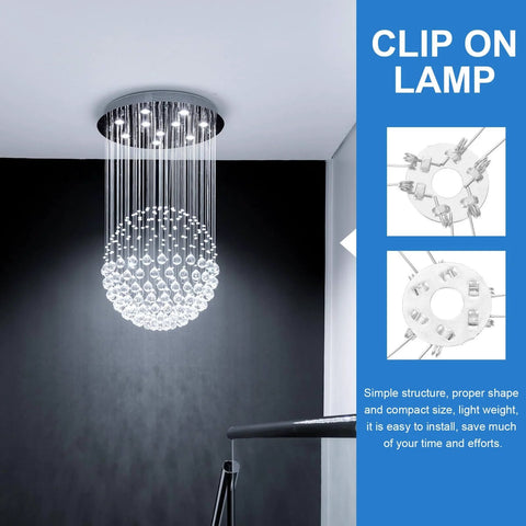 Modern ceiling lamp with hanging crystal spheres in a room, featuring design details with clip-on lamp installation.