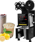 Hassle Free Commercial Cup Sealer Machine With Smart Heat Preservation Tech And Quick Auto Manual Switching For Reliable Plastic Food Packaging That Runs Tight And Flawless with cups and lemons.