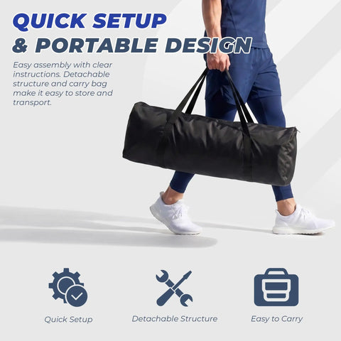 Person carrying Heavy Duty 10x7 Ft Golf Hitting Net With Side Nets And Back Net Reinforced Steel Frame Indoor Outdoor Practice Set bag