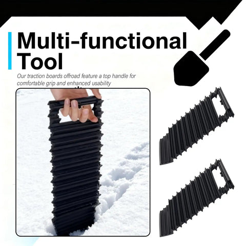 Heavy Duty 2 Pack Car Tire Traction Mats Featuring Non Slip Grip And Compact Handles Versatile Winter Recovery Tracks, user holds one mat in snow.