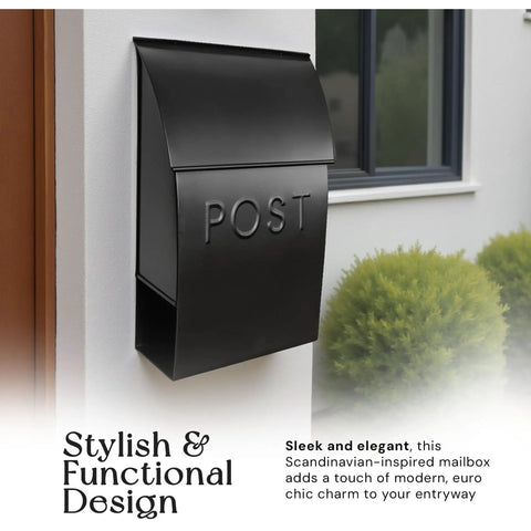 Outdoor Wall Mounted Mailbox With Newspaper Holder Black Weatherproof Steel For Front Door Or Porch Decor Large Capacity