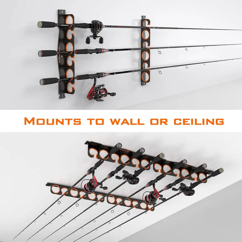Fishing Rod Holder For Garage Or Wall Or Ceiling Mount, A Heavy Duty Rack That Keeps Your Rods Safe And Tidy shown wall and ceiling mounted