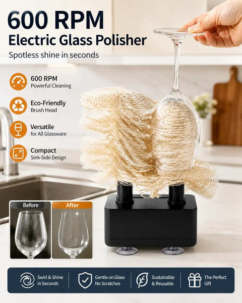 Commercial Electric Wine Glass Polisher And Glassware Dryer Machine 600 Rpm Motor cleaning wine glass with eco-friendly brush.